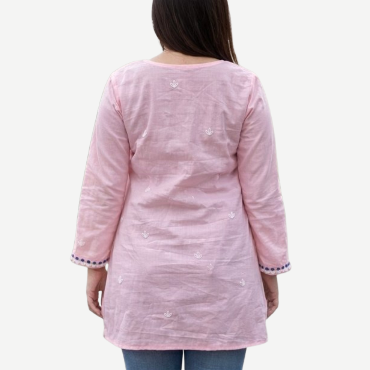 Pink Cotton Short Kurti with Floral Neck Embroidery & Hand Motifs 5 Pink Cotton Short Kurti with Floral Neck Embroidery & Hand Motifs - Image 5