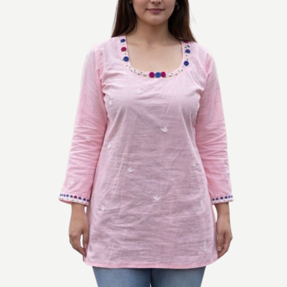 Pink Cotton Short Kurti with Floral Neck Embroidery & Hand Motifs 1 Pink Cotton Short Kurti with Floral Neck Embroidery & Hand Motifs