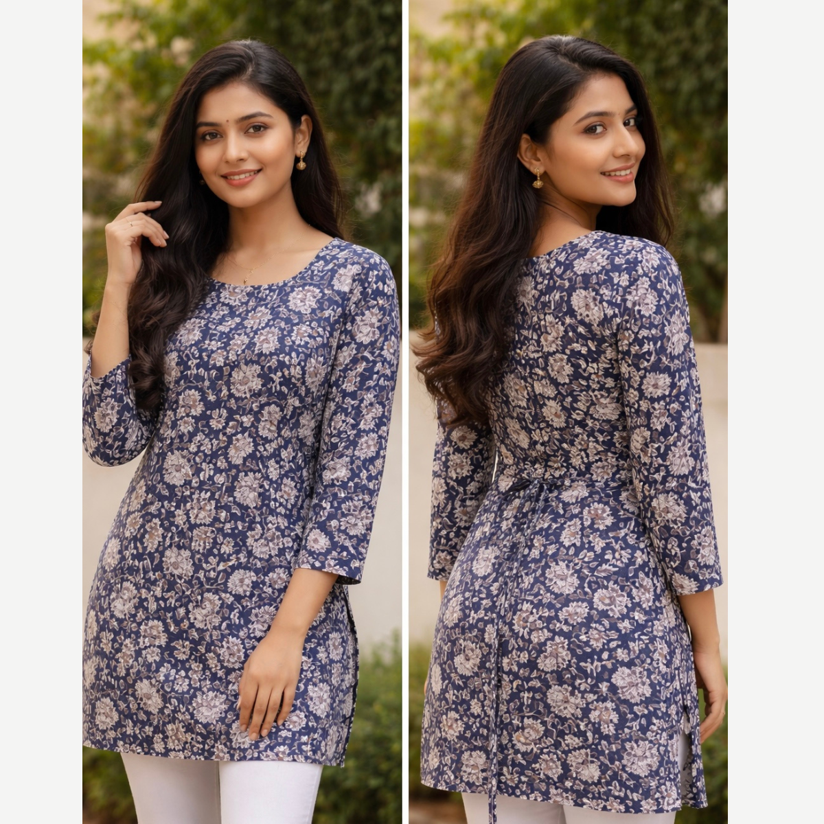 Blue Floral Printed Straight Fit Kurti with Tie-Up Back 2 Blue Floral Printed Straight Fit Kurti with Tie-Up Back - Image 2